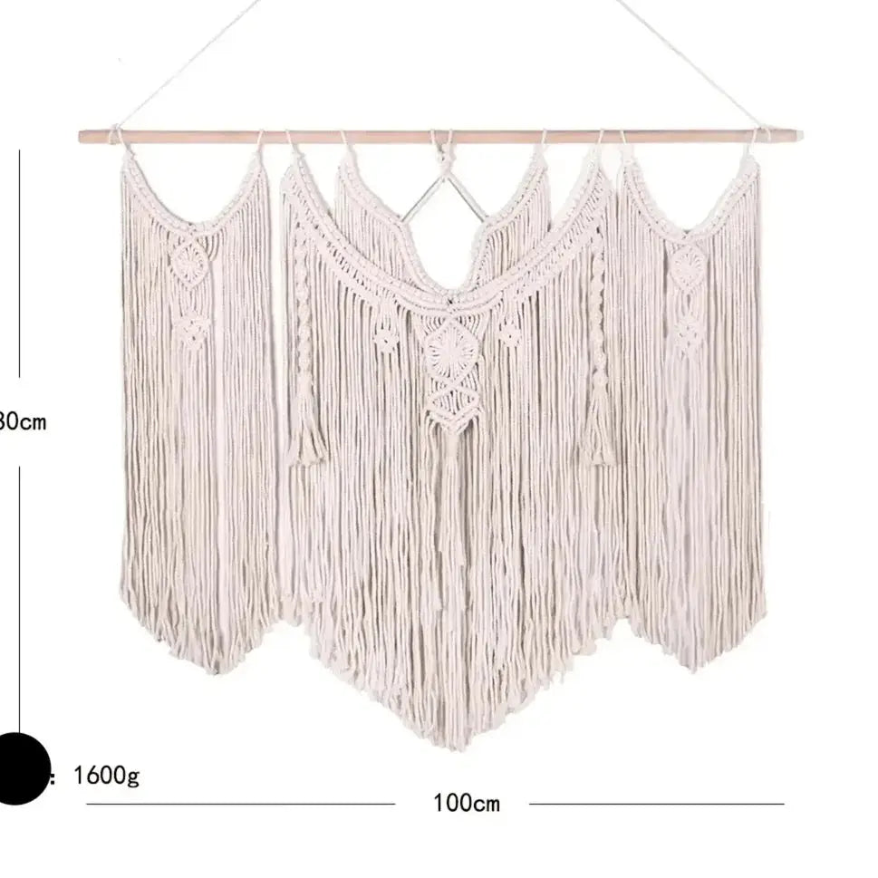 Large handmade macrame wall hanging, boho tapestry with fringe, 100cm x 80cm, off-white.
