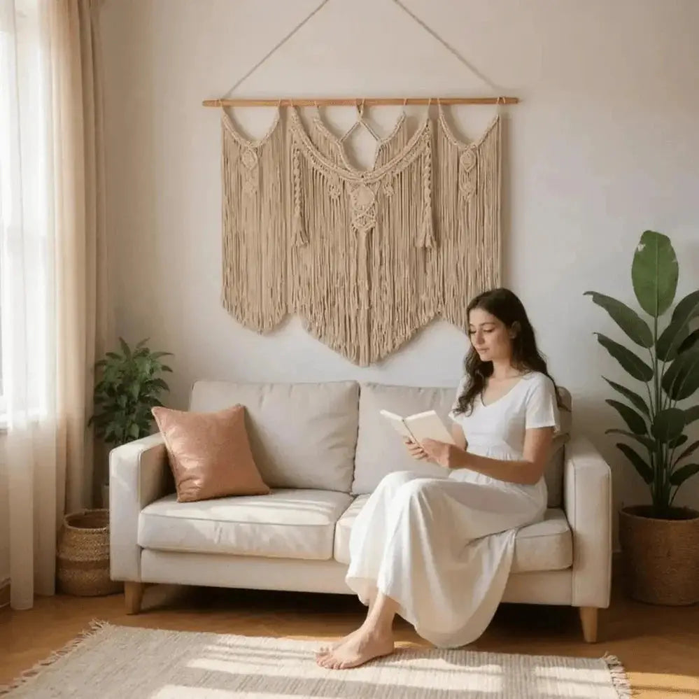 Handmade macrame wall hanging in a boho living room with a woman reading on a beige sofa