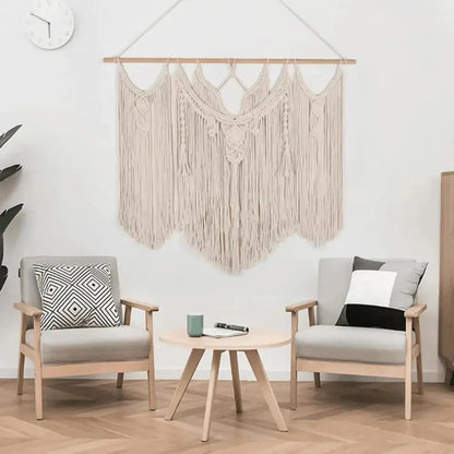Large handmade macrame boho wall hanging tapestry in modern living room decor