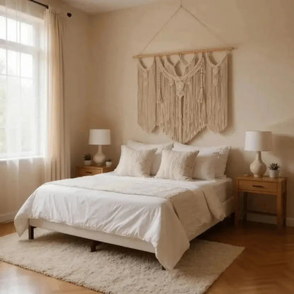 Large handmade macrame wall hanging above bed in a cozy, boho bedroom setting