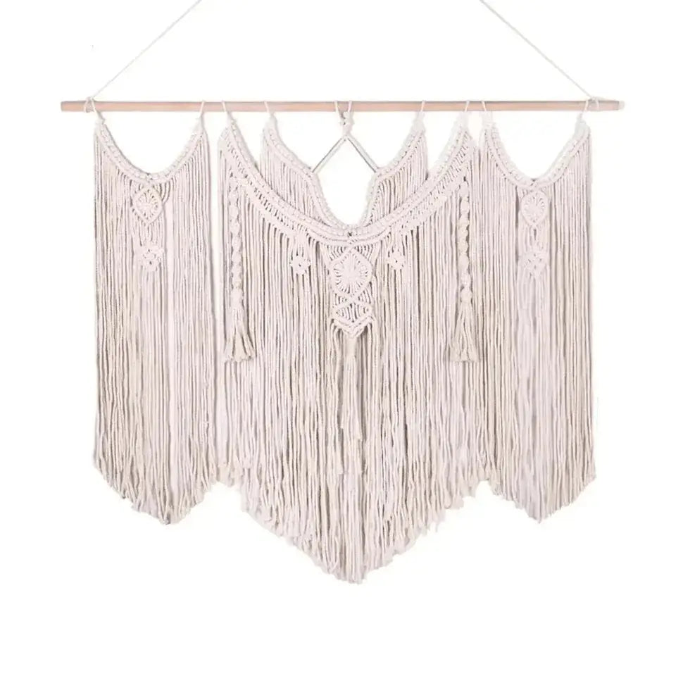 Handmade large macrame wall hanging with intricate boho tapestry patterns and fringe