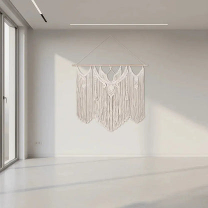 Handmade large boho macrame wall hanging tapestry with fringe in minimalist room
