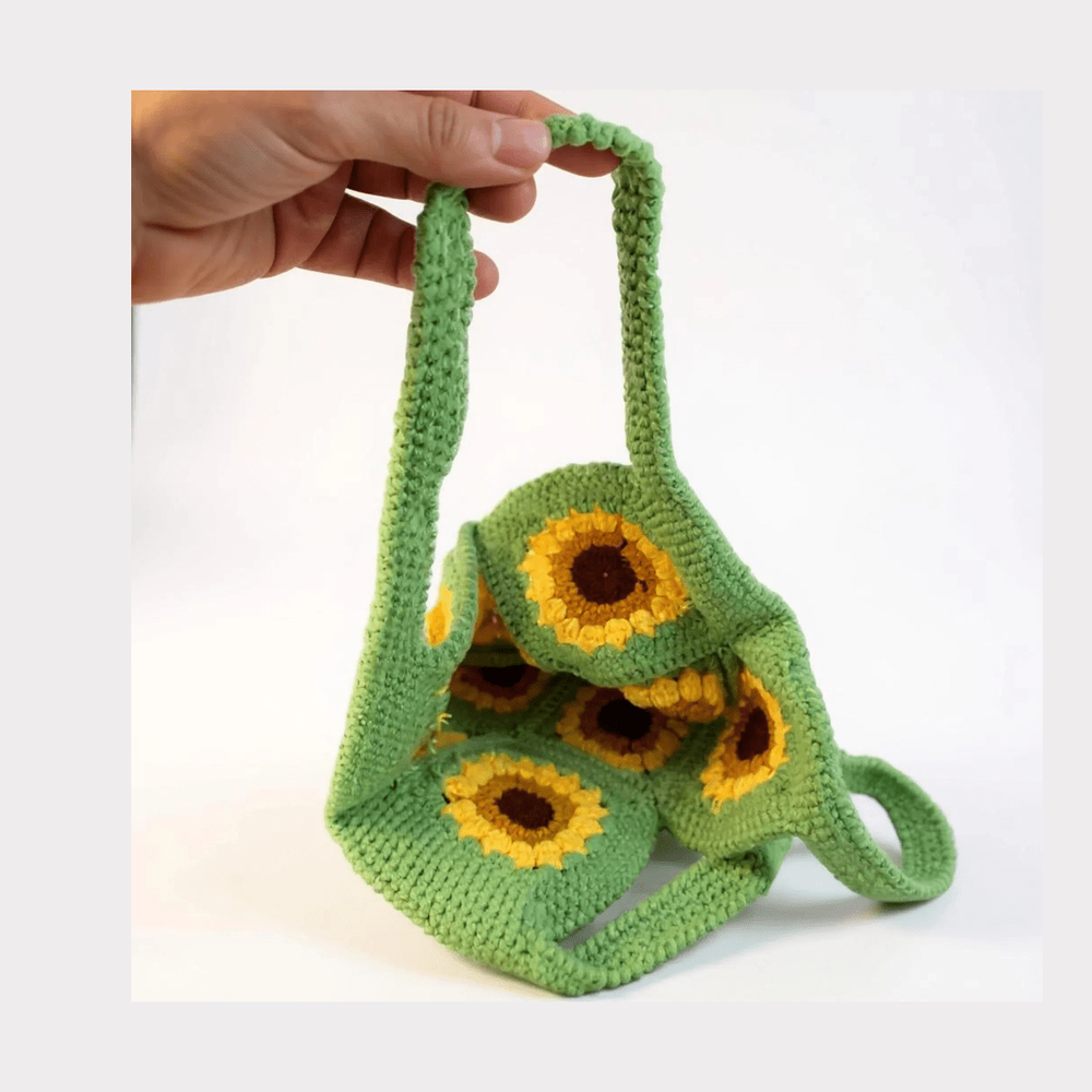 Handmade Sunflower Crochet Bag – Boho Cotton Handbag with Short Straps | Twist & Tassel