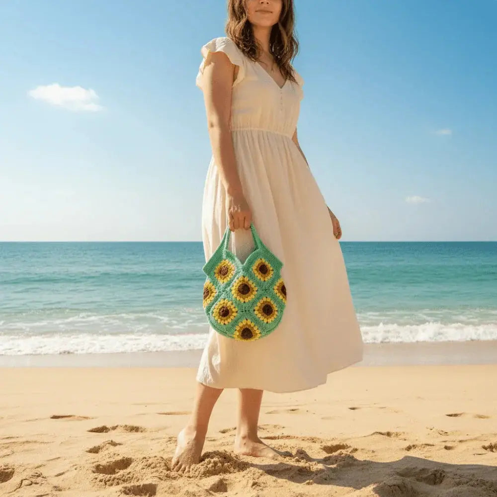 Woman on beach holding handmade sunflower crochet boho cotton handbag in white dress