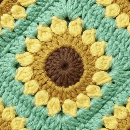Handmade sunflower crochet pattern in yellow, brown, and green cotton yarn, boho style detail.