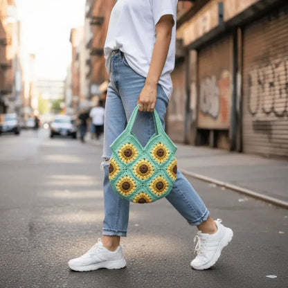 Woman holding handmade sunflower crochet boho cotton handbag on urban street