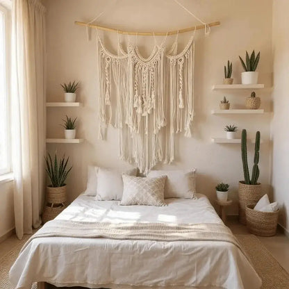 Boho bedroom with macrame wall hanging, neutral bedding, and potted plants.