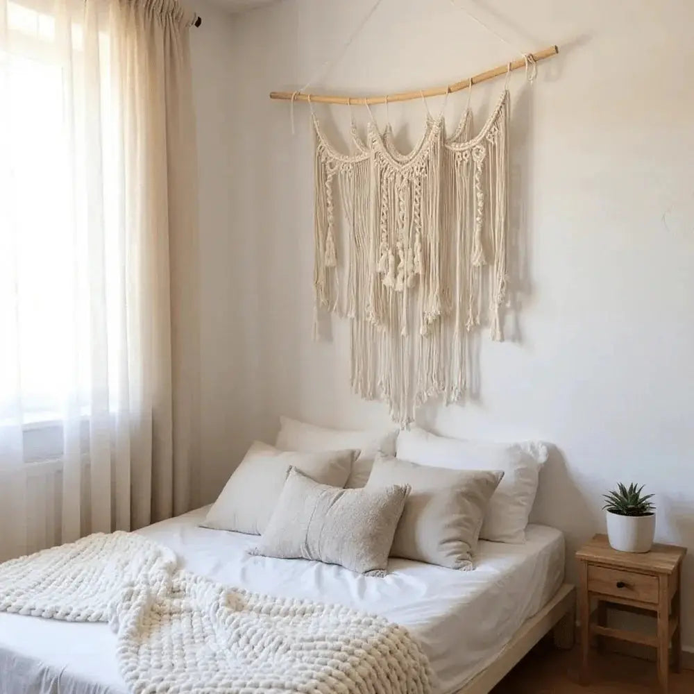 Neutral bedroom with boho macrame wall hanging, cozy bed, and natural light