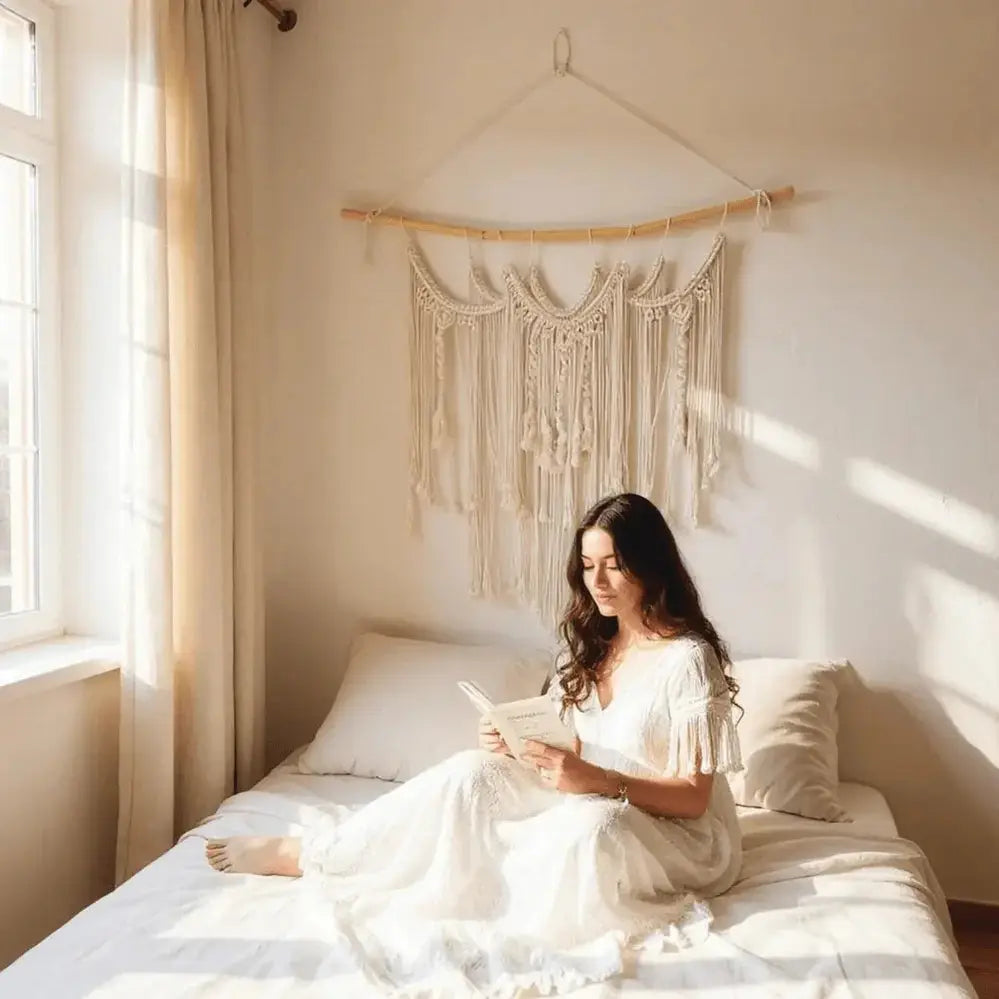 Woman in white dress reading on bed with boho macramé wall hanging in sunlit bedroom