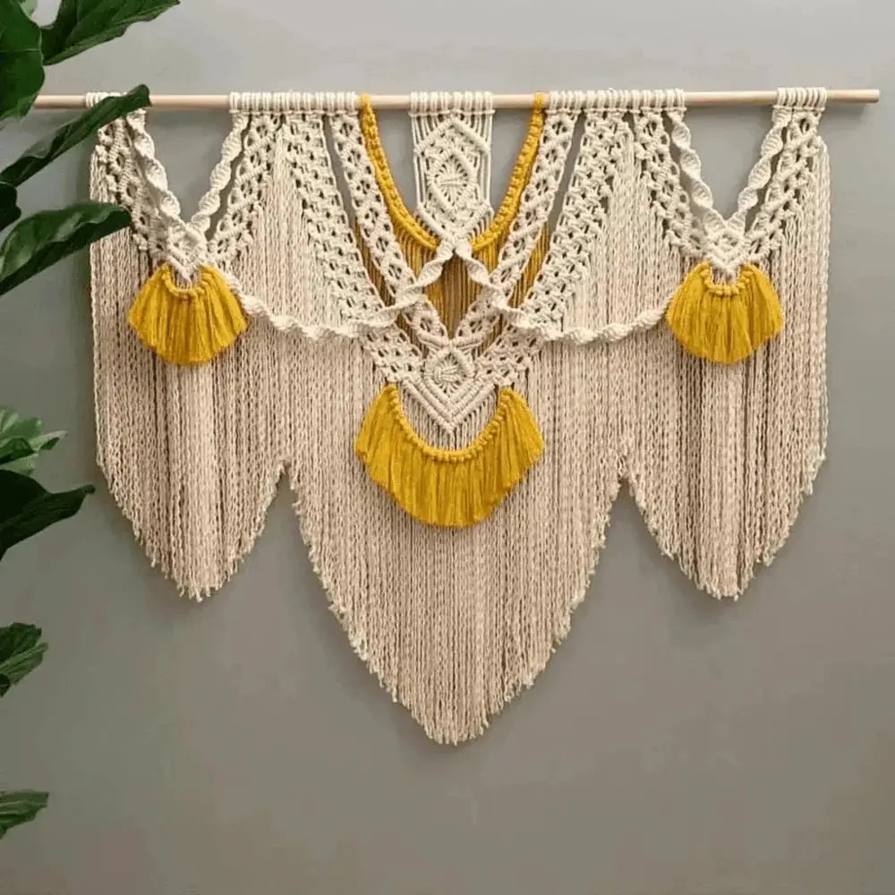 Large macrame wall hanging with natural cotton rope and yellow accents, boho decor