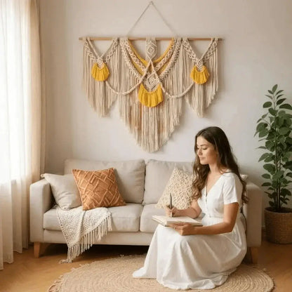 Boho macrame wall hanging in natural cotton and yellow decor above a sofa, cozy living room