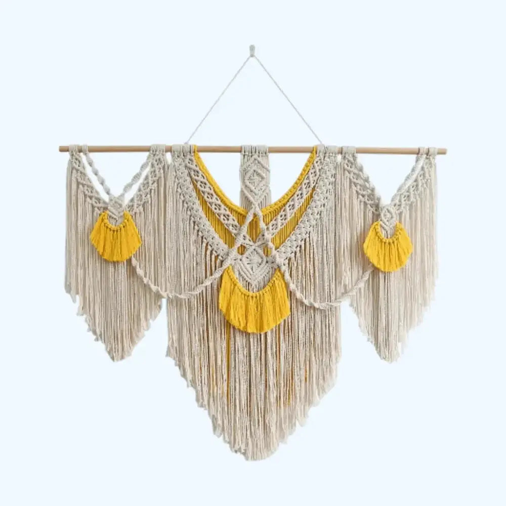 Large boho macrame wall hanging with natural cotton rope and yellow tassels, home decor