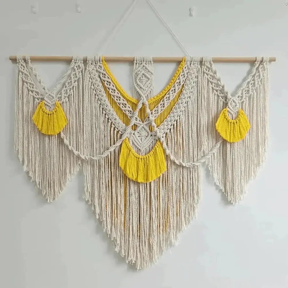 Large boho macrame wall hanging with natural cotton rope and yellow tassel accents