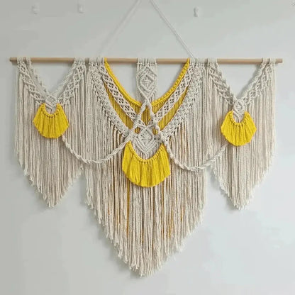 Large boho macrame wall hanging with natural cotton rope and yellow tassel accents