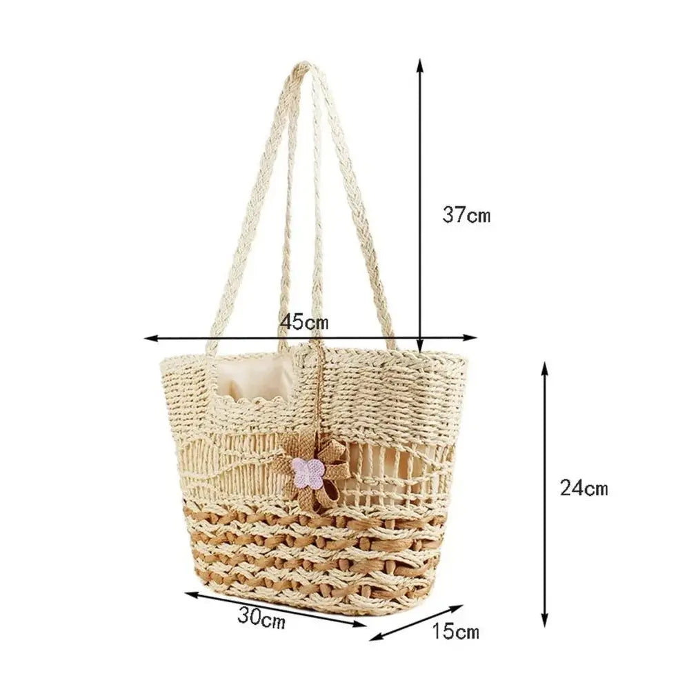 Large handmade woven straw beach bag with braided handles and flower tassel, size dimensions shown