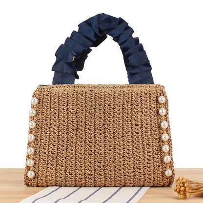 Twist and Tassel Woven Raffia Tote Bag - Ruffle Handle & Pearl Accent