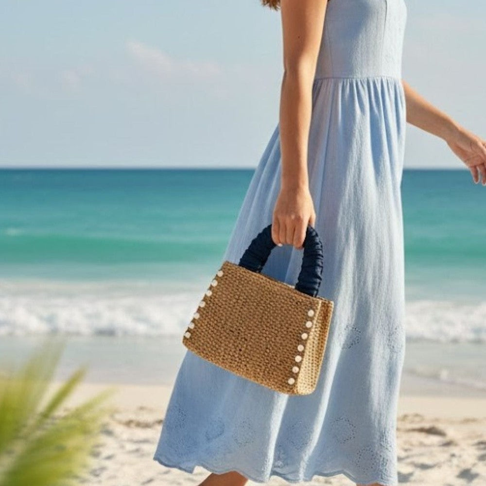 Twist and Tassel Woven Raffia Tote Bag - Ruffle Handle & Pearl Accent