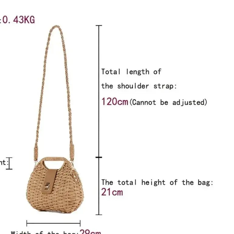 Woven straw box crossbody bag with top handle, long braided strap, and measurements marked.