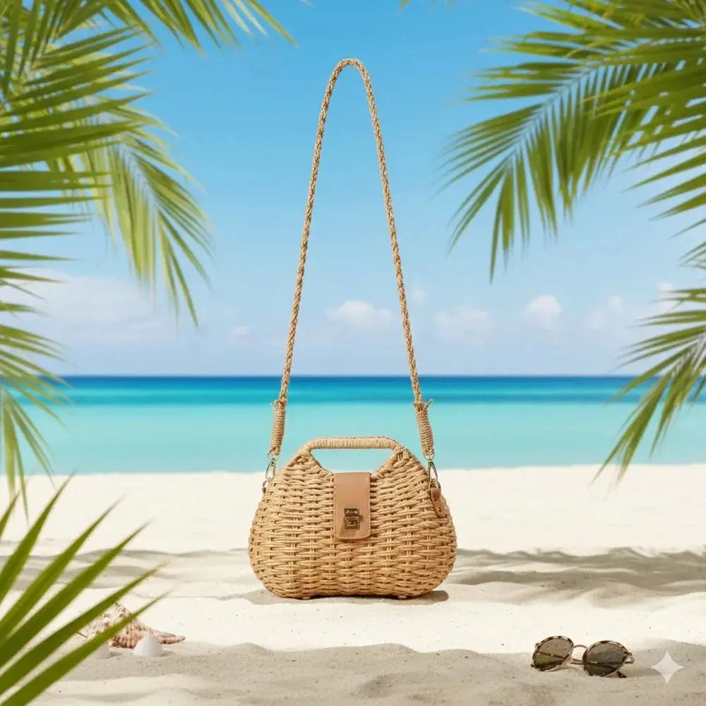 Woven straw box crossbody bag with leather clasp on tropical beach, palm and ocean view