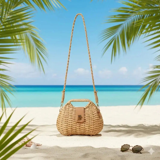 Woven straw box crossbody bag with leather clasp on tropical beach, palm and ocean view