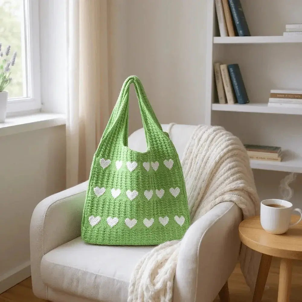 Green knitted tote bag with white heart pattern displayed on cozy armchair