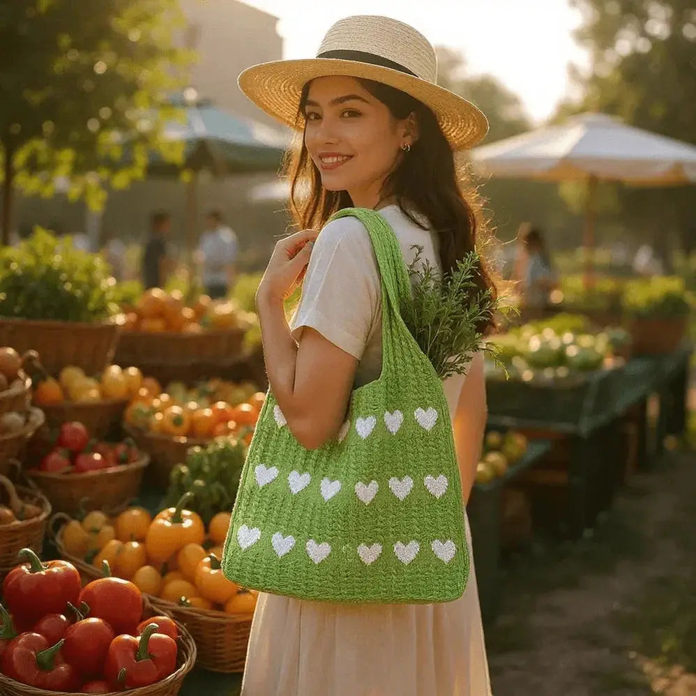 Woman at market carrying green knitted heart tote bag with white heart patterns