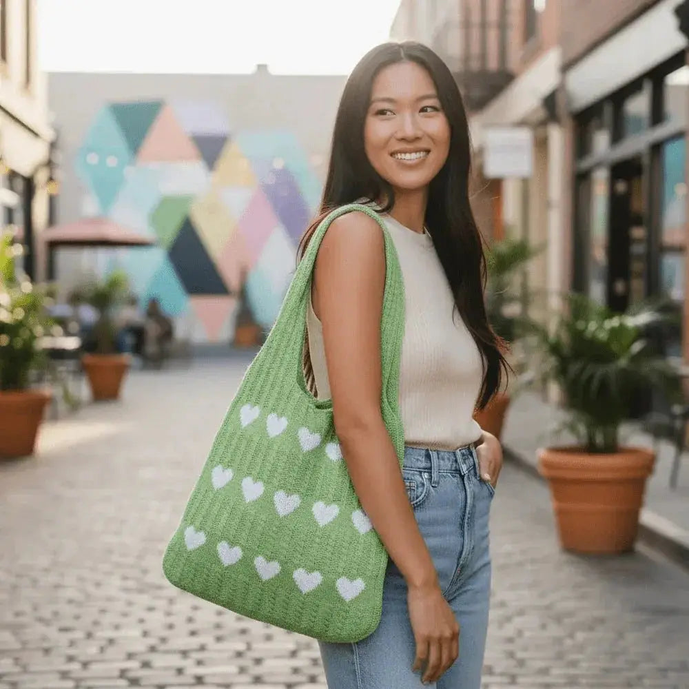 Woman carrying green knitted tote bag with white heart pattern on a city street