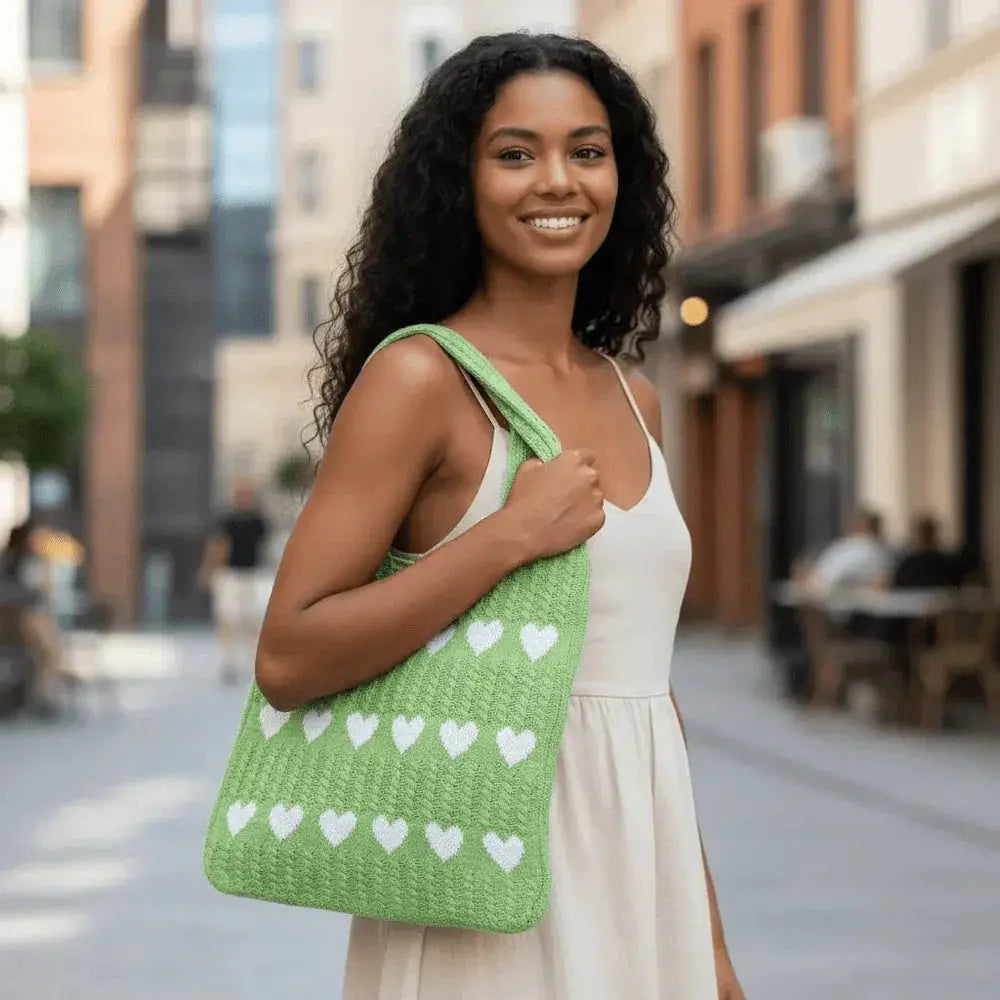 Woman carrying a green knitted heart tote bag made of soft cotton yarn on a city street